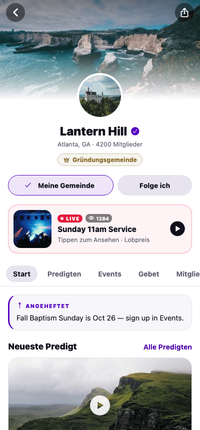 Eine Gemeindeseite mit Live-Gottesdienst