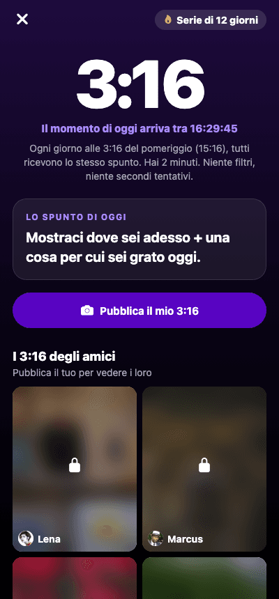 La schermata del momento 3:16 quotidiano