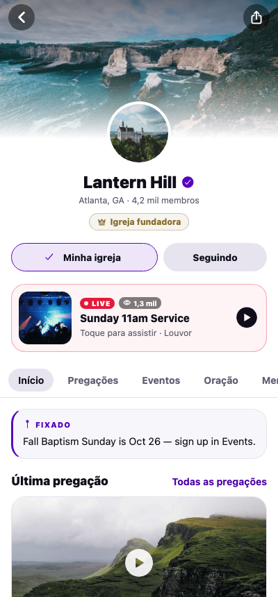 A página de uma igreja com uma celebração ao vivo